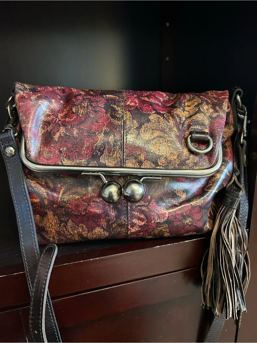 Vintage-Inspired Floral Jacquard Crossbody Bag in Burgundy and Gold